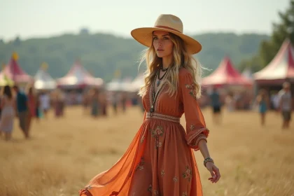 Femme en robe hippie longue aux motifs brodés avec chapeau de paille et colliers bohèmes dans un festival en plein air