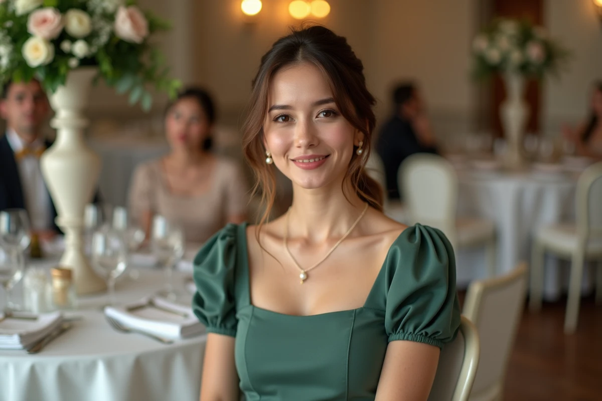 Invitée de mariage élégante en robe moulante vert sauge assise à une table de réception décorée