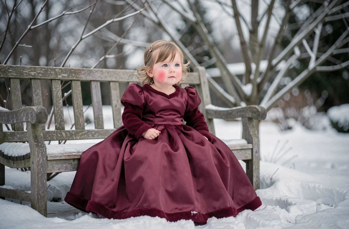 Fillette de 3 ans en robe princesse bordeaux doublée polaire assise sur un banc en bois dans un jardin enneigé en hiver