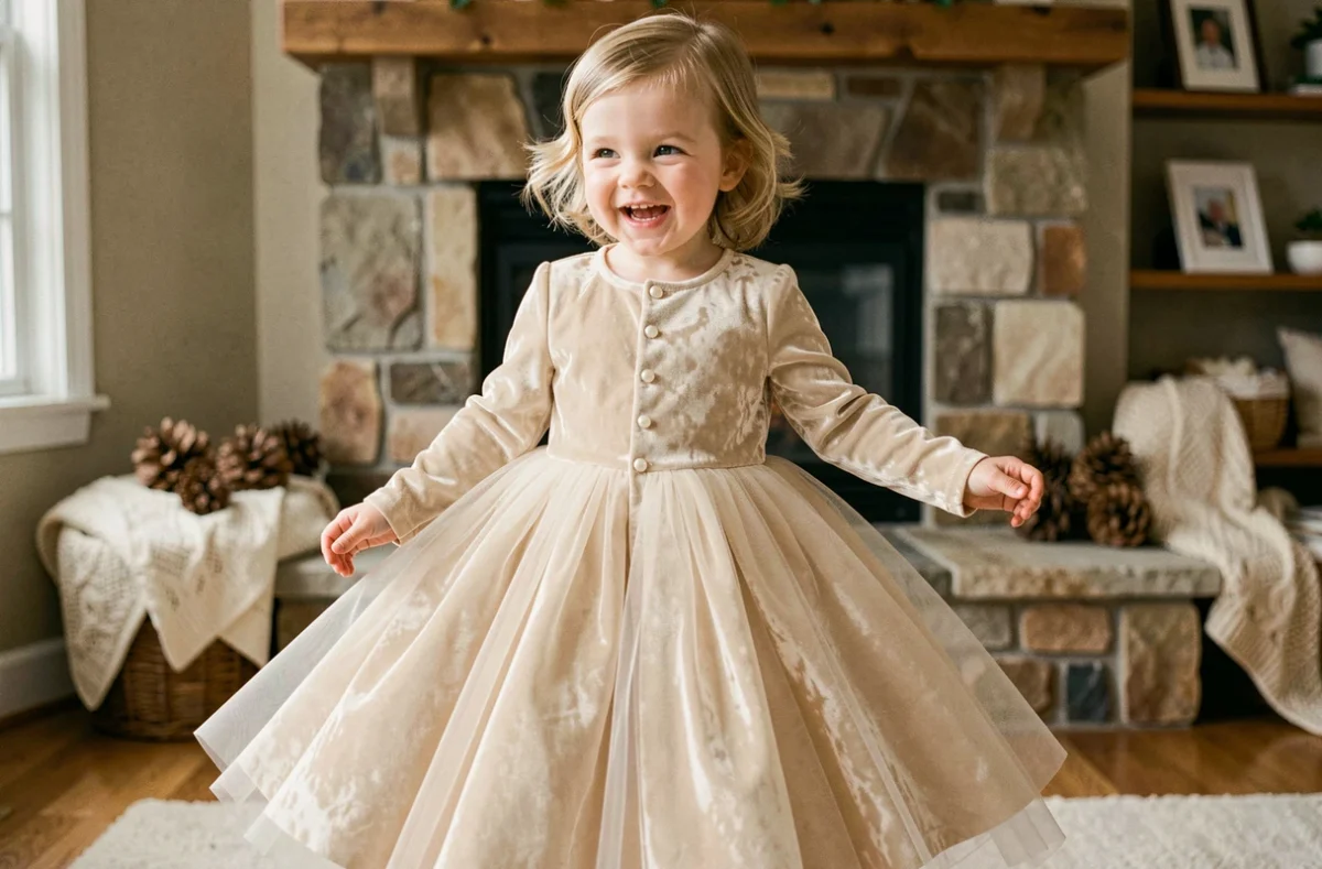 Petite fille de 3 ans portant une robe princesse velours ivoire à manches longues et jupe en tulle dans un salon décoré pour l'hiver
