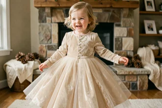 Petite fille de 3 ans portant une robe princesse velours ivoire à manches longues et jupe en tulle dans un salon décoré pour l'hiver