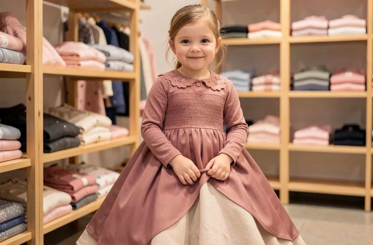 Petite fille de 3 ans en robe princesse rose doublée thermique avec col en dentelle dans une boutique de vêtements enfants