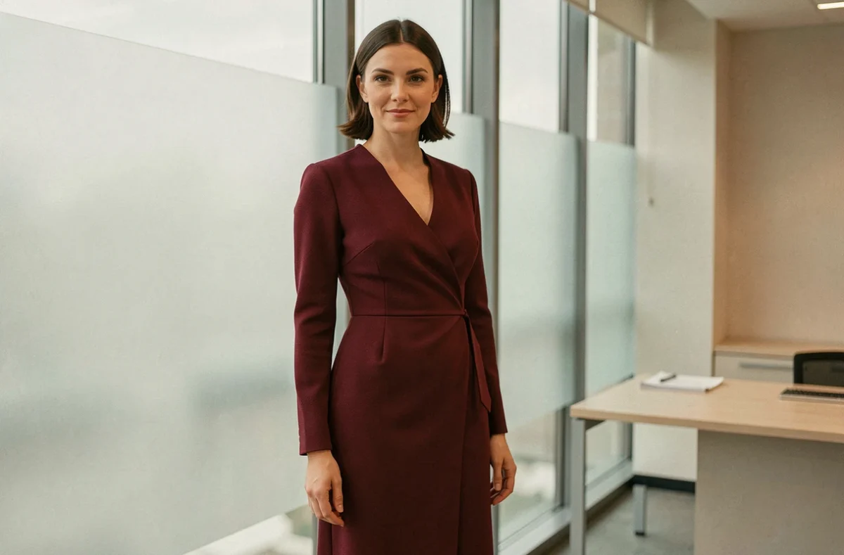 Femme professionnelle portant une robe midi Sinequanone bordeaux élégante dans un bureau moderne