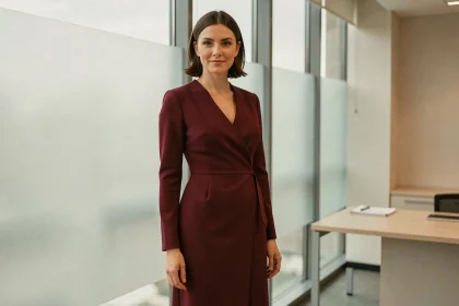 Femme professionnelle portant une robe midi Sinequanone bordeaux élégante dans un bureau moderne
