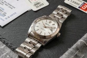 Rolex Datejust 36 posée sur une surface en ardoise avec étiquettes de prix et catalogue de vente en arrière-plan