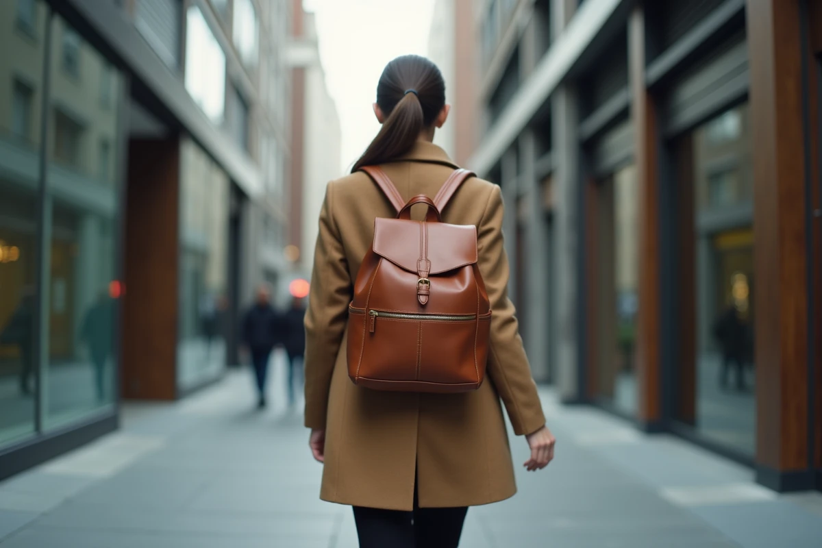 Femme portant un sac à dos en cuir cognac avec compartiment ordinateur dans une rue urbaine moderne