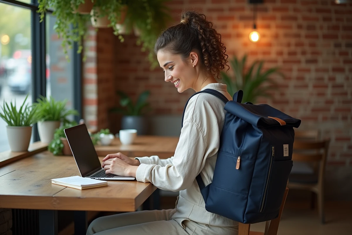 Femme ouvrant un sac à dos en tissu canvas bleu marine pour sortir son ordinateur dans un café