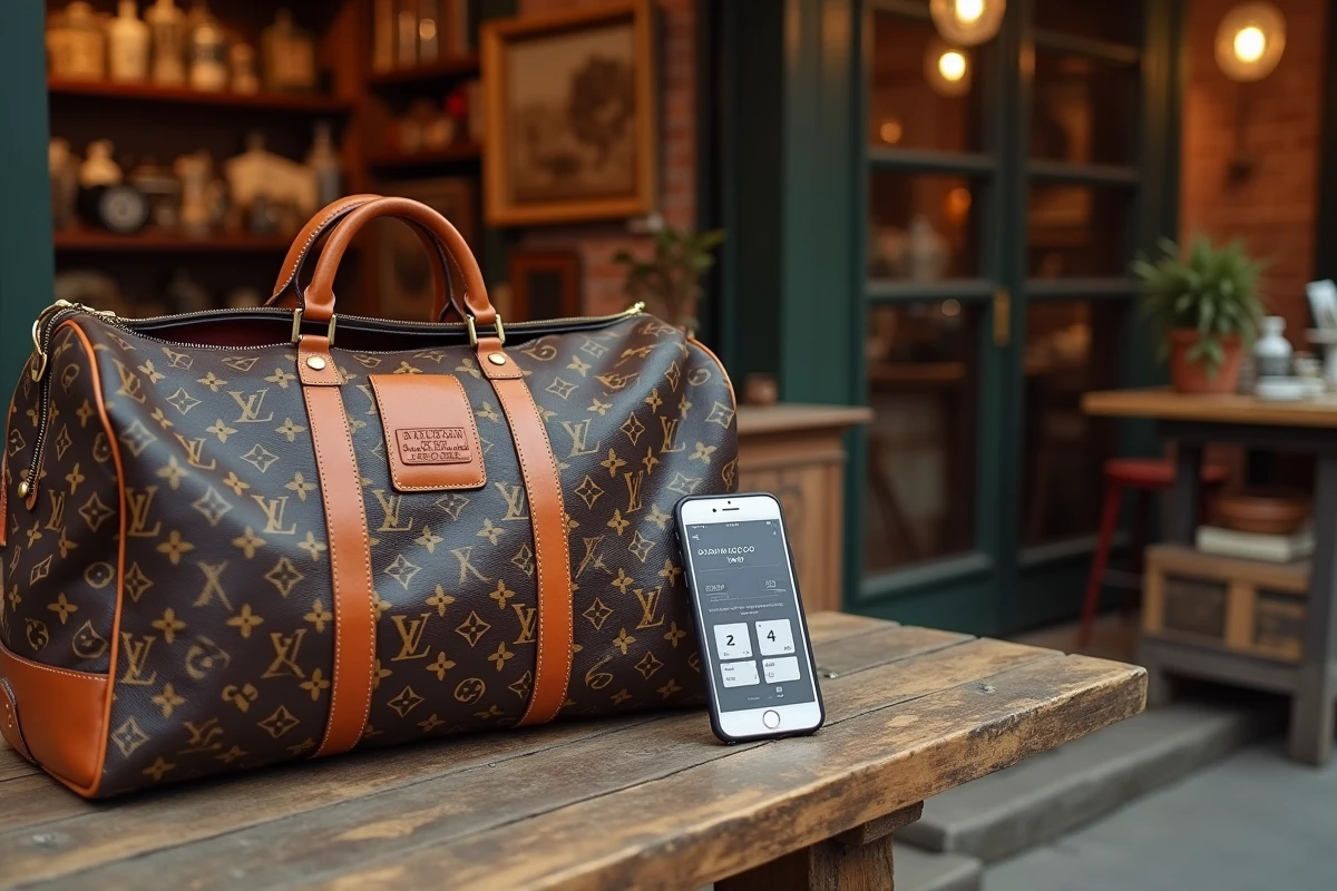 Sac Louis Vuitton Keepall vintage ouvert sur un marché aux puces, numéro de série visible avec une application d'authentification sur smartphone