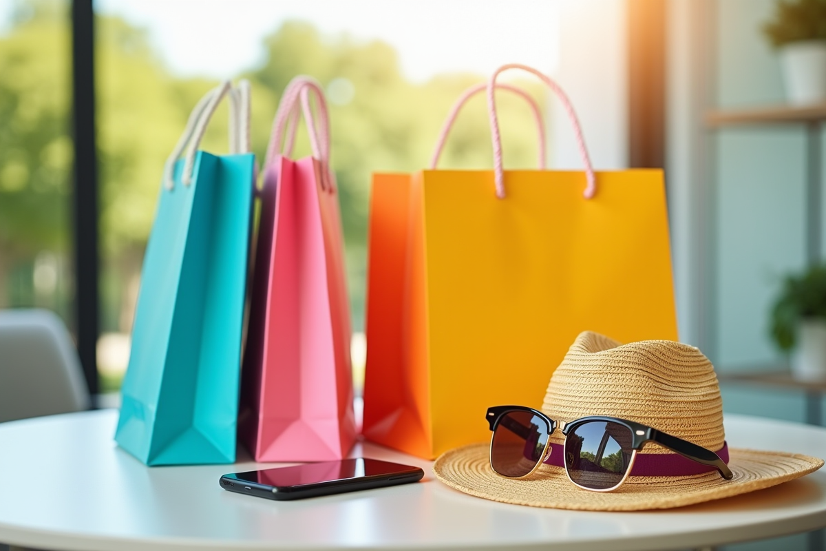 Sacs de shopping colorés avec lunettes et chapeau d'été