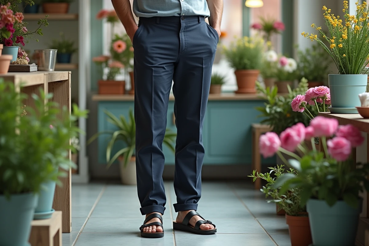 Homme portant des sandales Billowy en cuir noir dans une boutique de fleuriste, comparatif sandales ergonomiques pour rester debout toute la journée