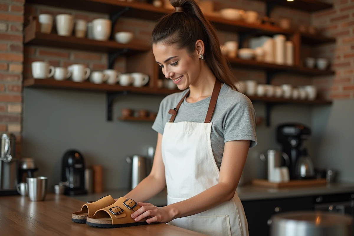Femme portant des sandales Birkenstock Arizona derrière un comptoir de café artisanal, illustration pour comparatif sandales confort travail debout