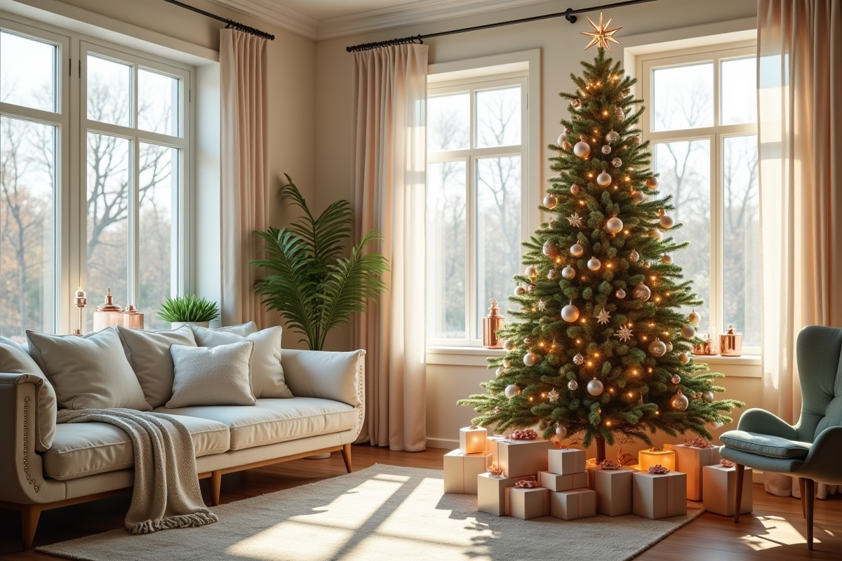 Salon moderne avec sapin de Noël tendance 2025