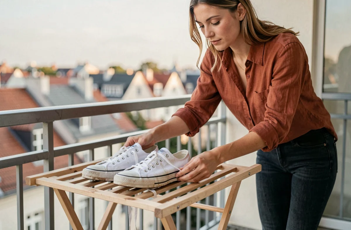 Converses blanches fraîchement lavées séchant sur un étendoir sur un balcon urbain après passage en machine