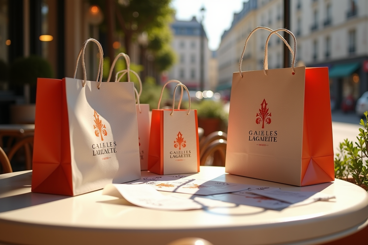 Sacs de luxe et reçus sur une table de café parisien en journée