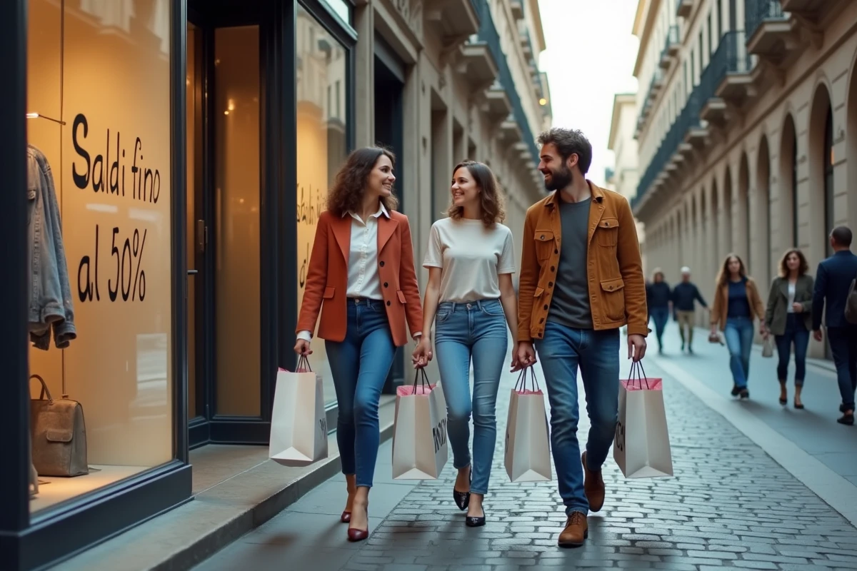 Groupe de consommateurs faisant du shopping pendant les soldes d'été dans une rue commerçante de Milan