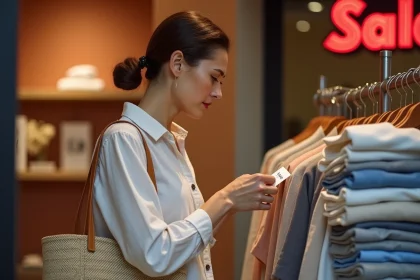 Femme examinant une étiquette de prix soldé dans une boutique italienne lors des soldes en Italie