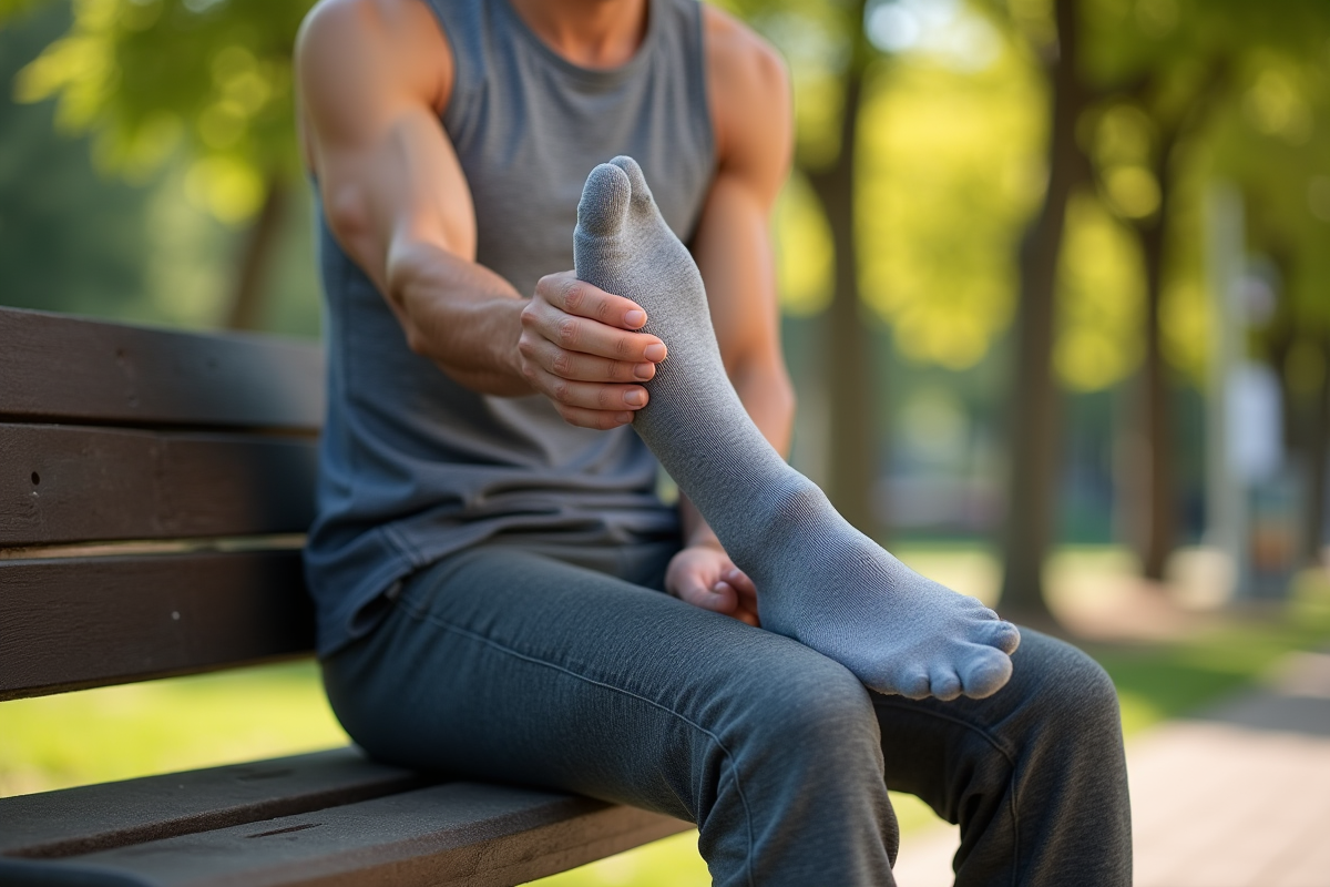 Personne sportive assise sur un banc dans un parc ensoleille