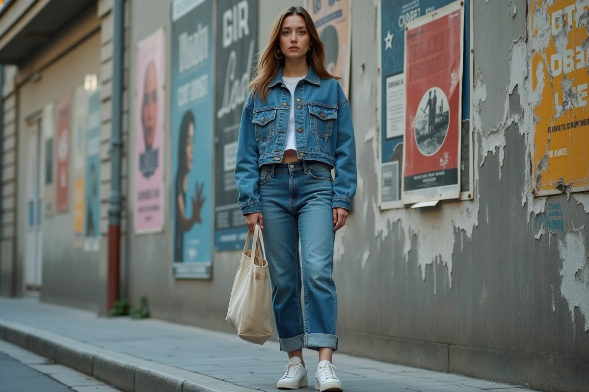 Jeune femme en tenue streetwear contemporaine avec veste en denim brut et jean indigo selvedge, debout sur un trottoir urbain européen avec affiches en arrière-plan