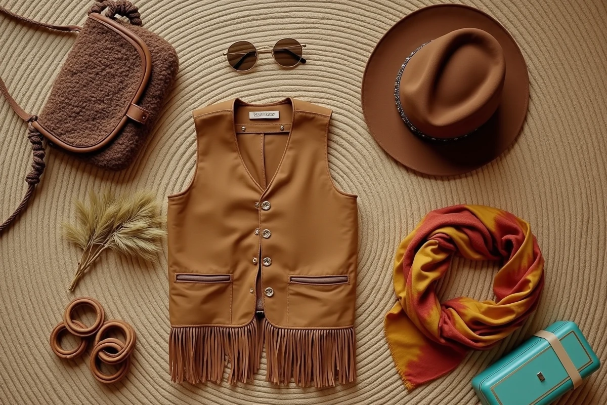 Flat-lay des accessoires incontournables du style hippie années 70 : sac macramé, chapeau à larges bords et lunettes rondes