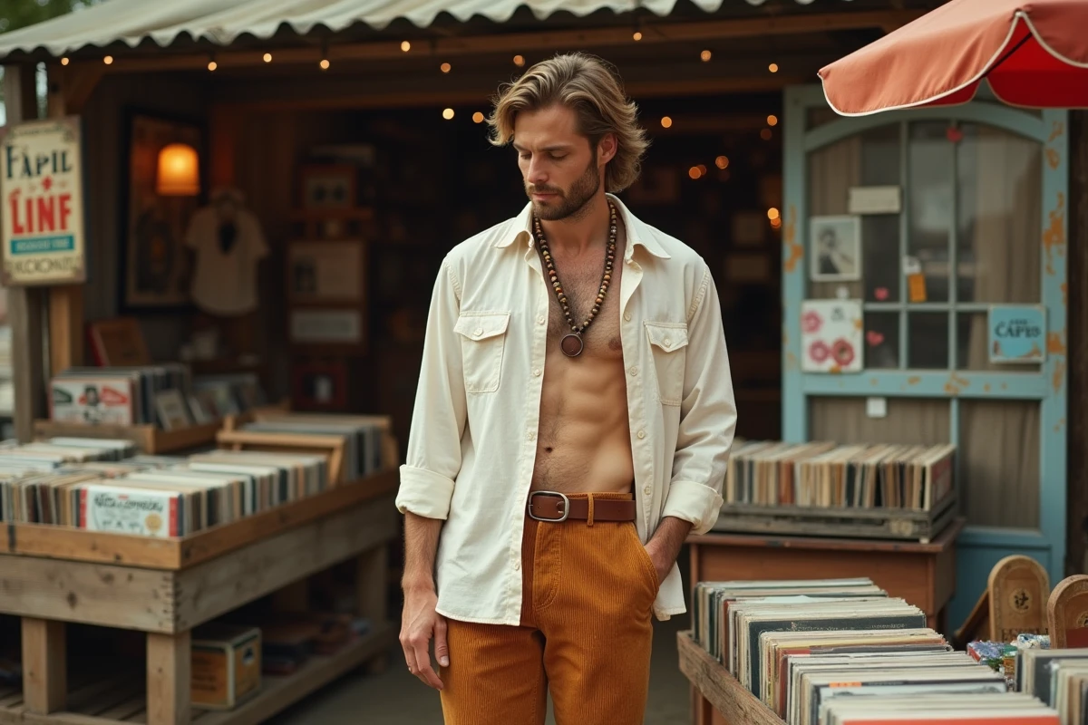 Homme en tenue hippie années 70 avec pantalon pattes d'éléphant au marché vintage