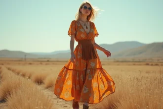 Femme en robe maxi boho à imprimé floral style hippie années 70 dans un champ ensoleillé