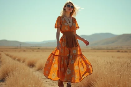 Femme en robe maxi boho à imprimé floral style hippie années 70 dans un champ ensoleillé
