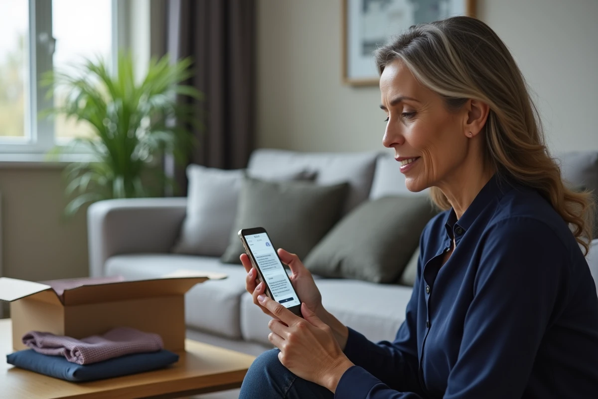 Femme utilisant son smartphone pour suivre un remboursement Zalando via le service client en ligne