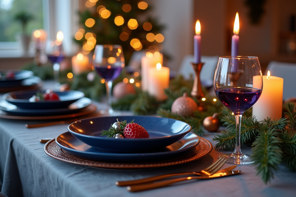 Table de Noël élégante avec vaisselle bleu foncé et bougies