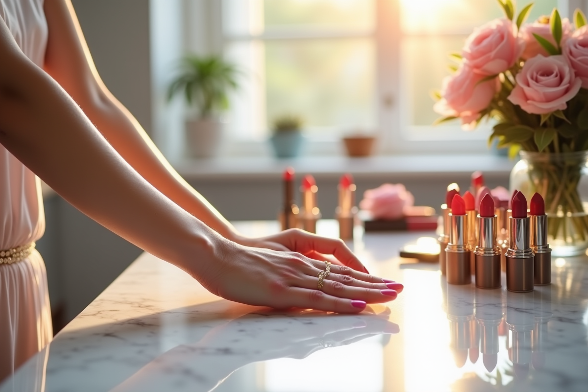 Espace de maquillage avec divers rouges à lèvres et fleurs