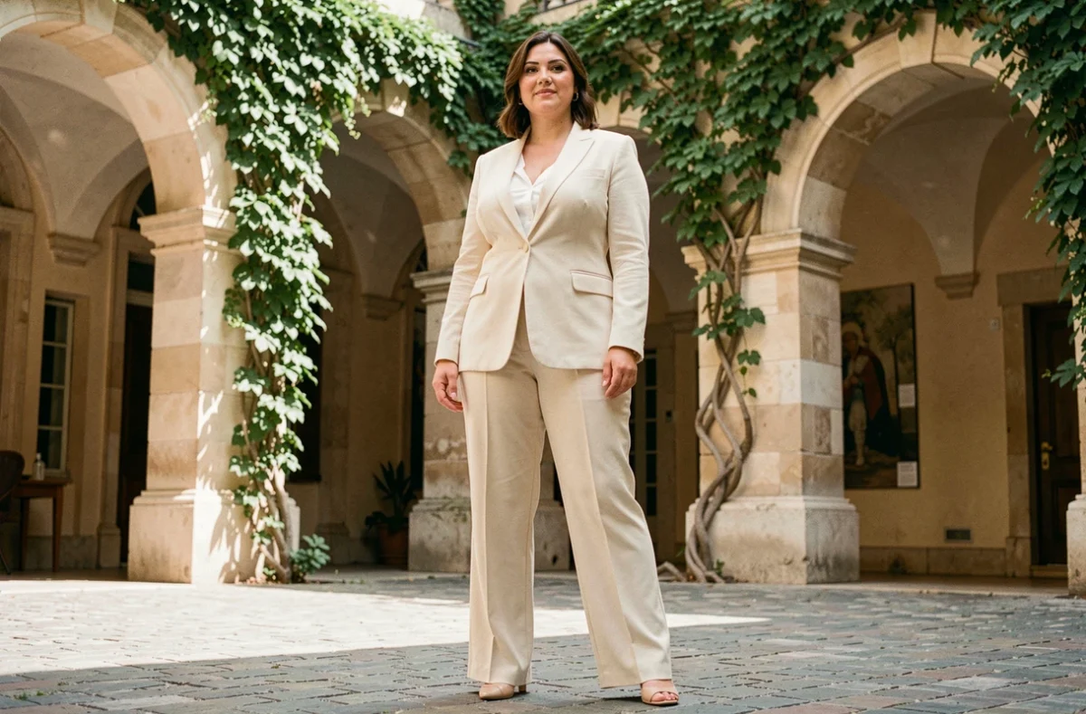 Femme grande taille portant un tailleur élégant crème lors d'un mariage dans une cour parisienne