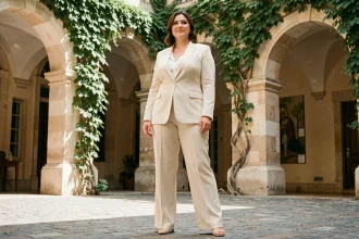 Femme grande taille portant un tailleur élégant crème lors d'un mariage dans une cour parisienne