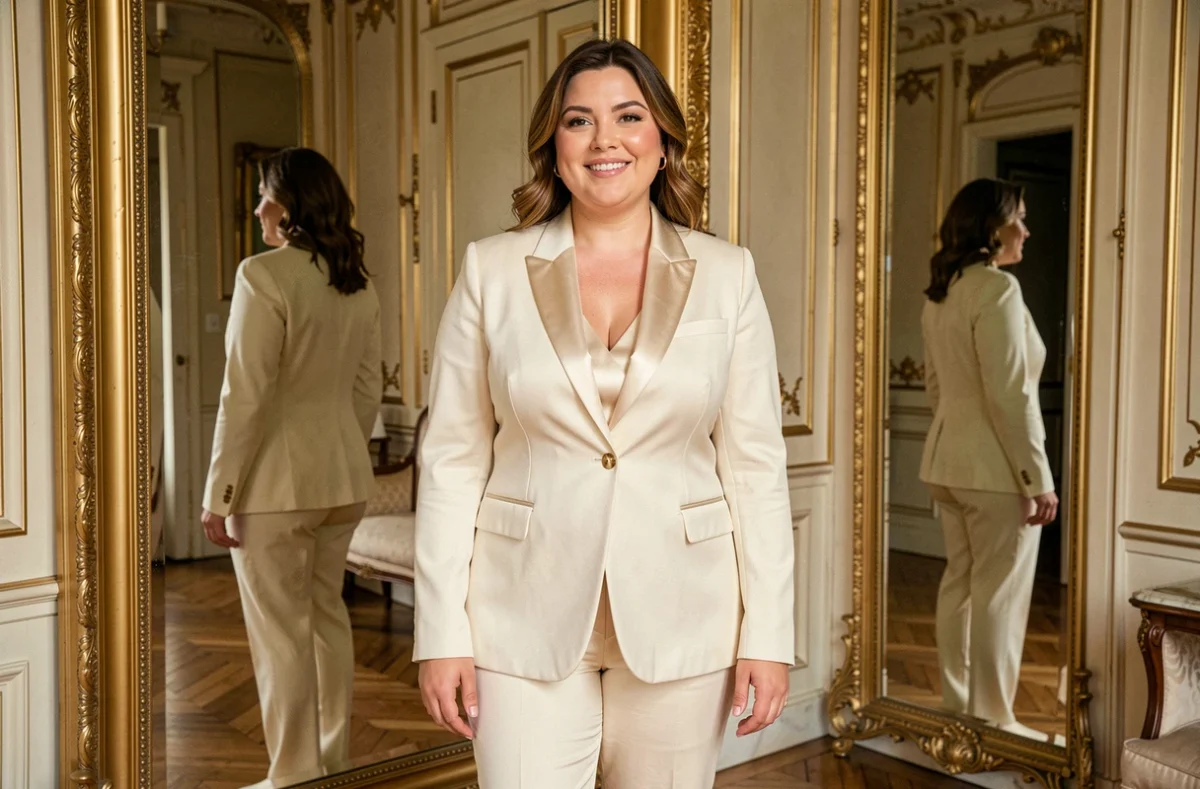 Femme grande taille en tailleur ivoire et champagne devant un miroir dans un appartement haussmannien
