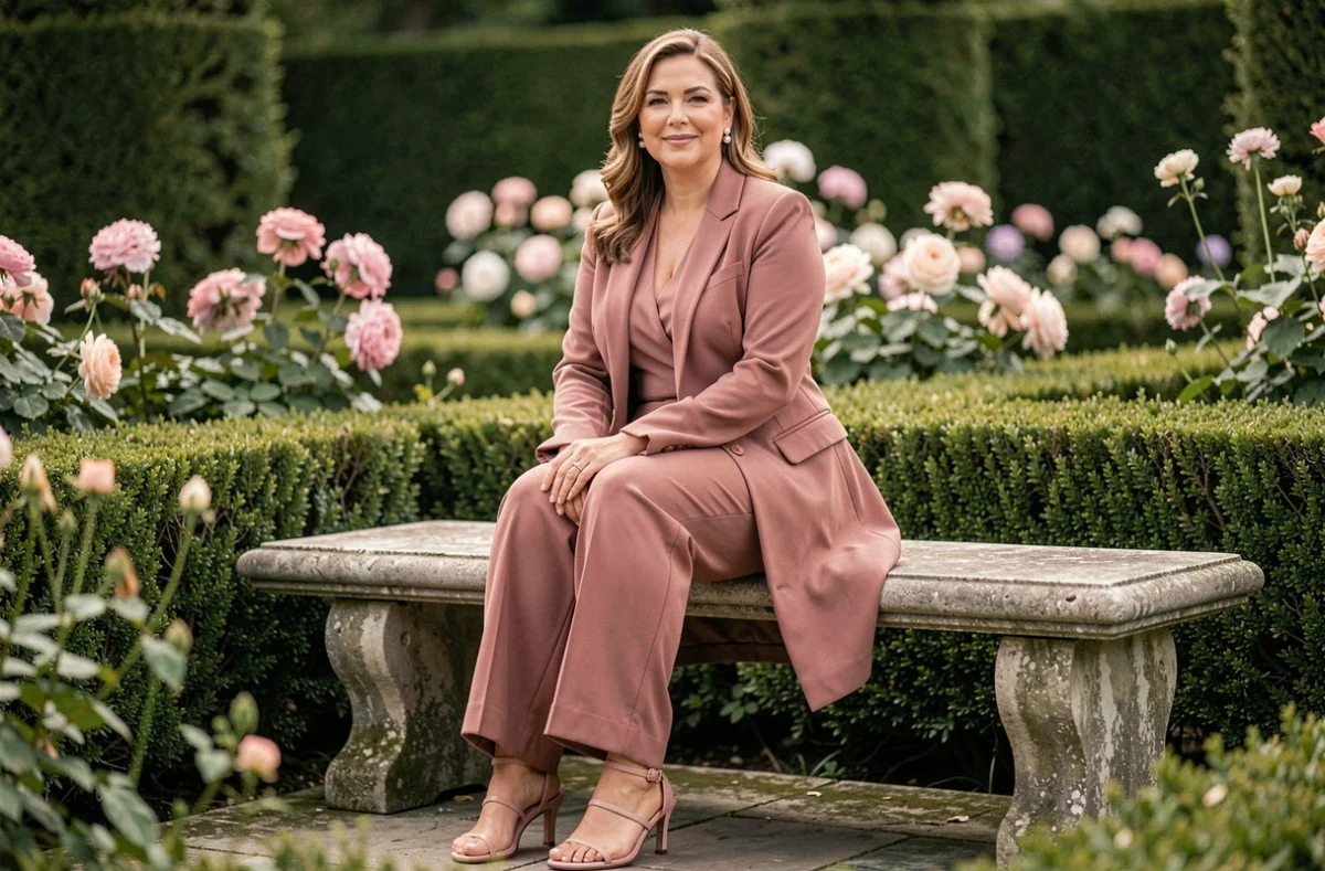 Femme ronde en tailleur rose poudré élégant assise dans un jardin formel pour un mariage