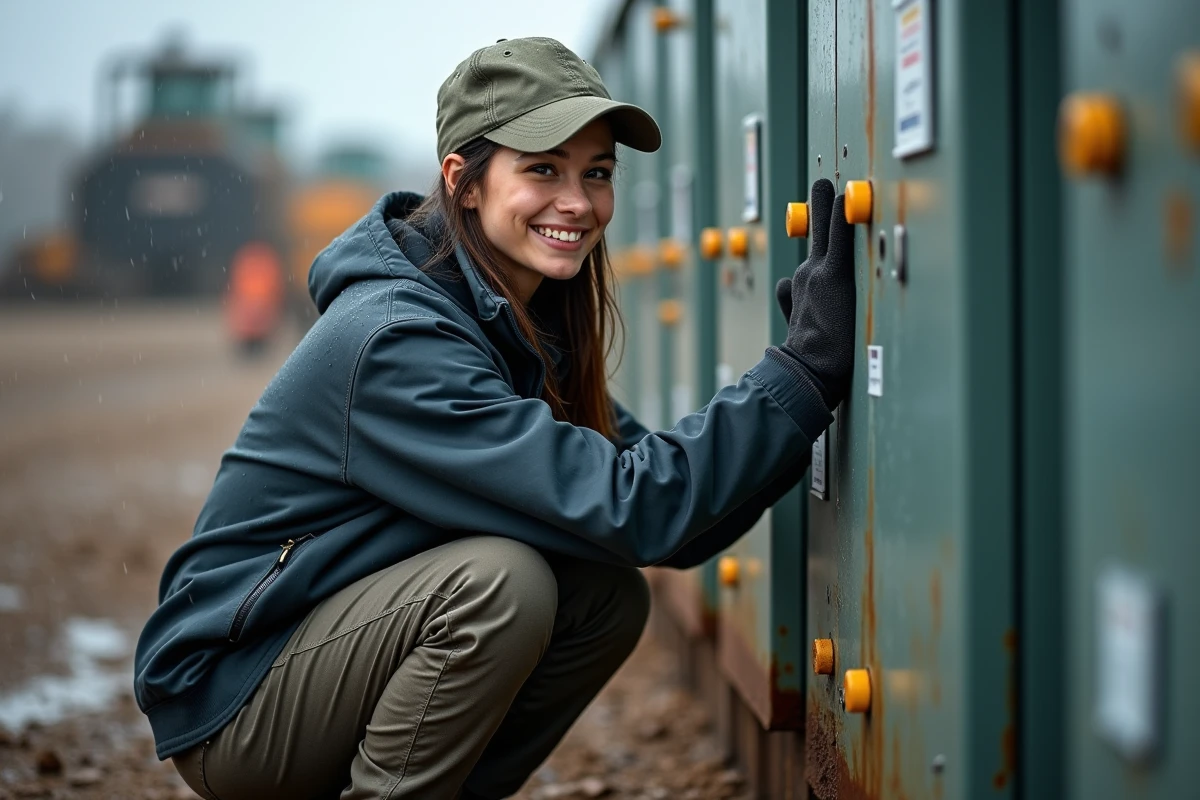 Jeune technicienne inspectant un panneau électrique sous la pluie