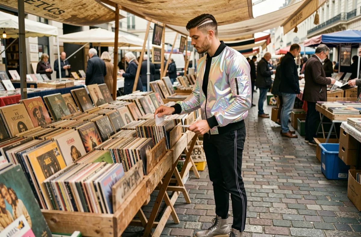 Jeune homme en veste iridescente Techno Pouffe feuilletant des vinyles dans un marché aux puces parisien