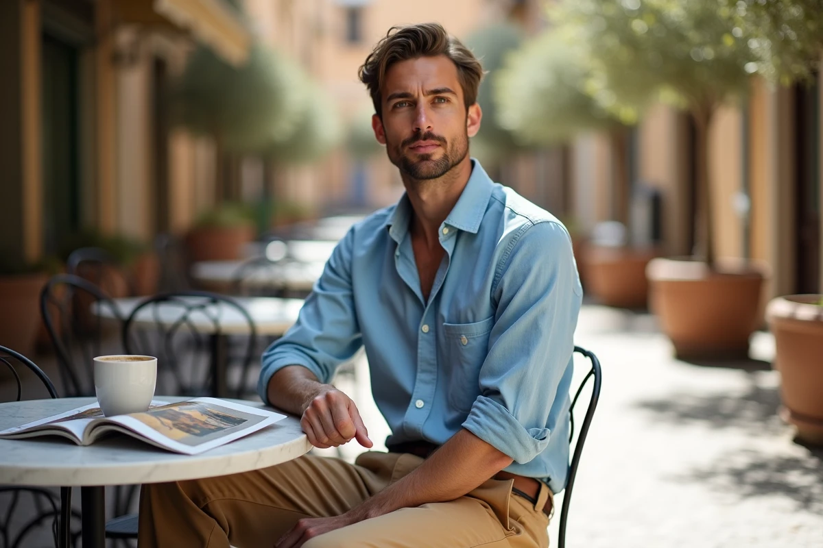 Homme en chemise lin bleu cobalt assis en terrasse de café, illustrant les associations de couleurs tendance mode 2026