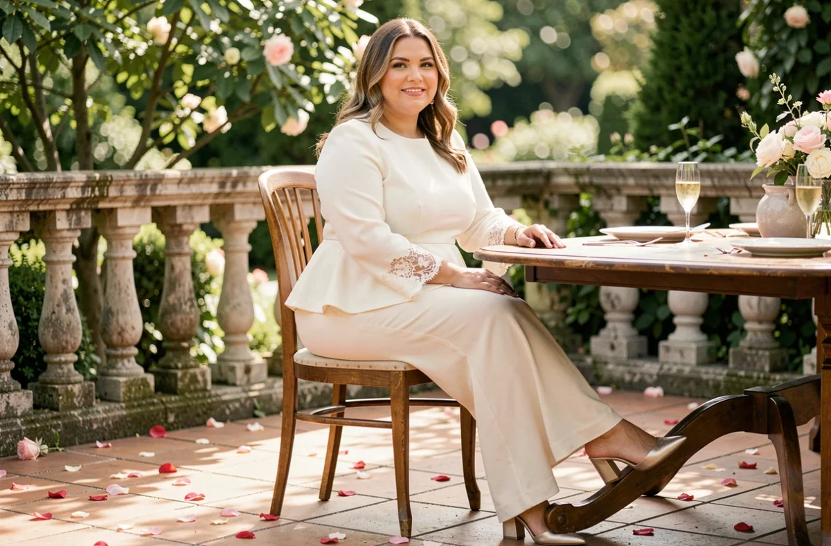 Femme grande taille en ensemble palazzo ivoire et blouse à dentelle chic pour un mariage en plein air