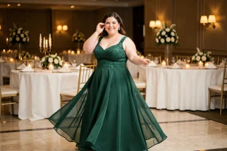 Femme grande taille en robe de soirée longue vert émeraude élégante lors d'une réception de mariage