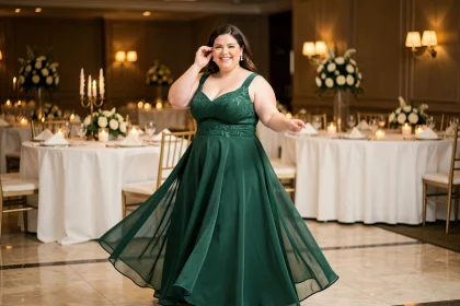 Femme grande taille en robe de soirée longue vert émeraude élégante lors d'une réception de mariage