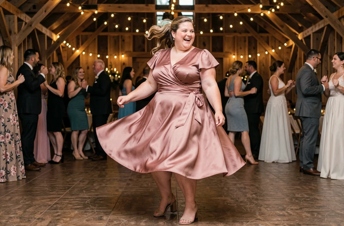 Femme ronde dansant avec élégance en robe portefeuille rose satinée lors d'un mariage en grange