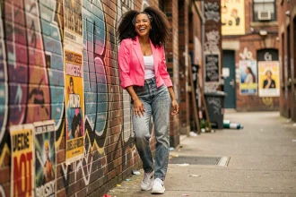Femme en tenue années 80 modernisée avec blazer fluo rose et jean acid-wash devant un mur urbain graffité