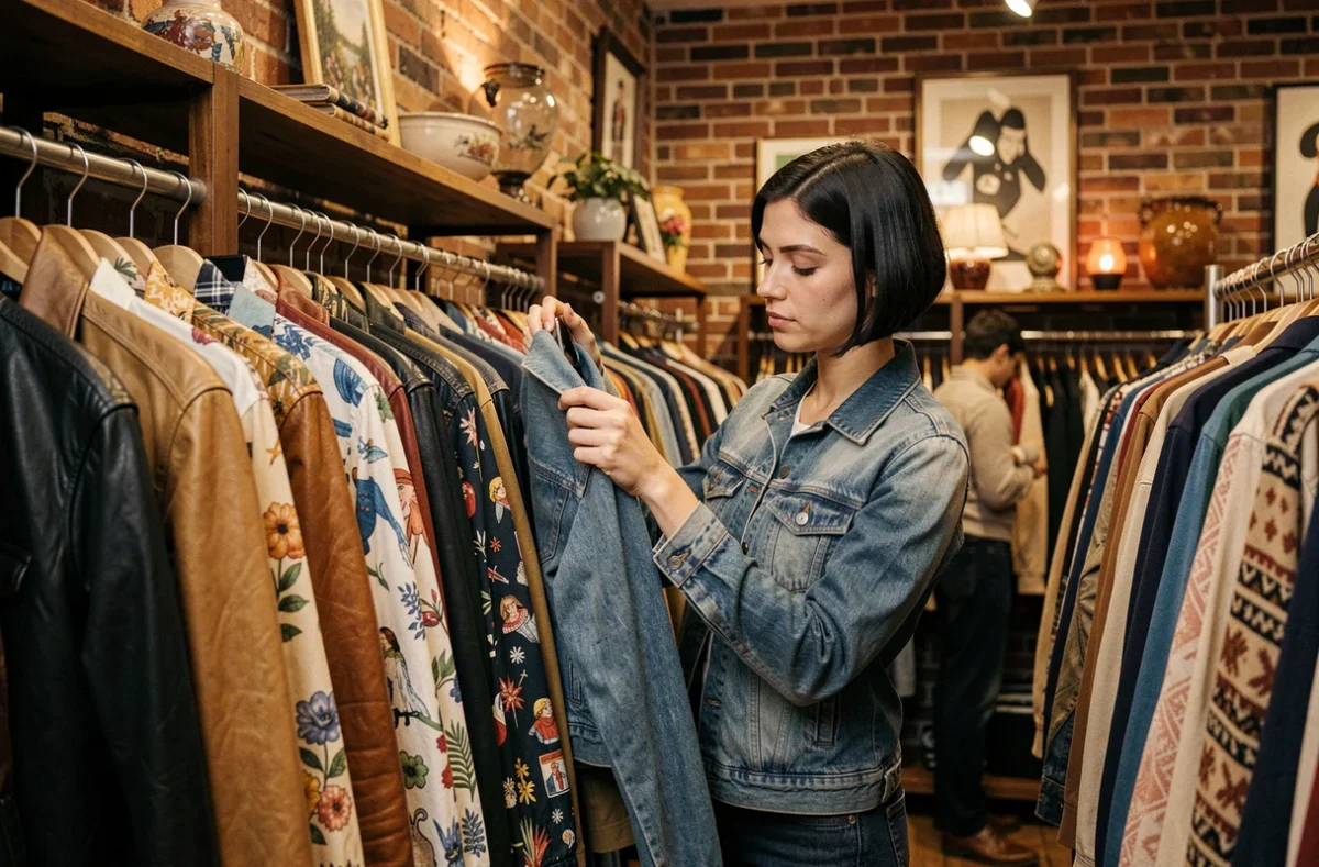 Intérieur de la friperie Tilt Vintage dans le Vieux-Lille, avec des vêtements rétro des années 70 et une cliente inspectant une veste en denim