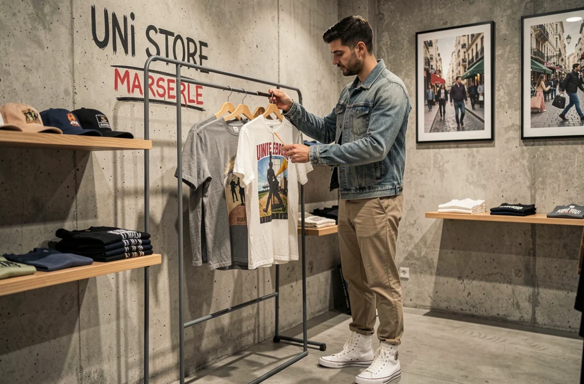 Jeune homme inspectant un t-shirt édition limitée dans l'Uni Store Marseille, boutique lifestyle urbaine