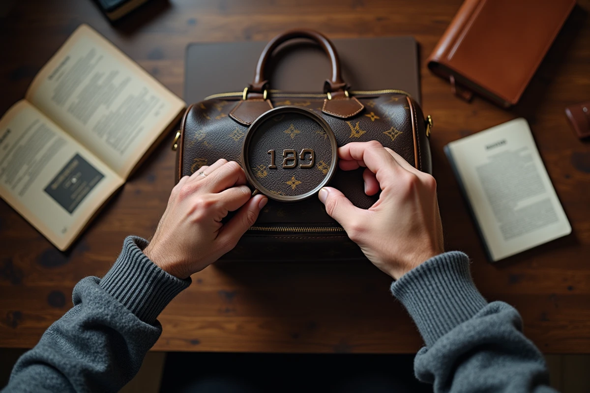 Expert en sacs de luxe utilisant une loupe pour vérifier le code de date d'un Louis Vuitton Speedy vintage sur un bureau en bois