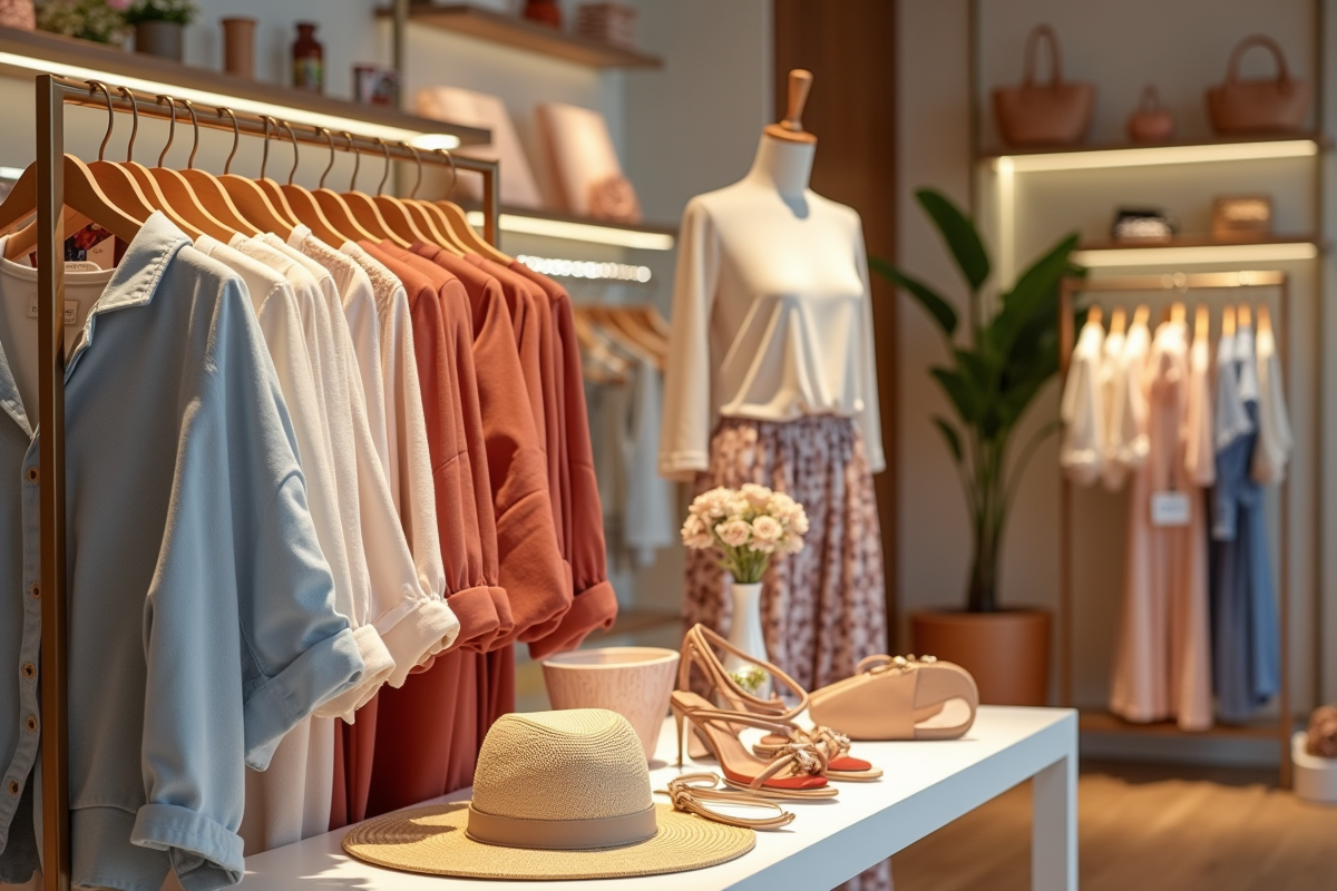 Vêtements et accessoires en promotion dans une boutique lumineuse
