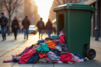 Vêtements de fast fashion jetés dans un bac de don sur le trottoir