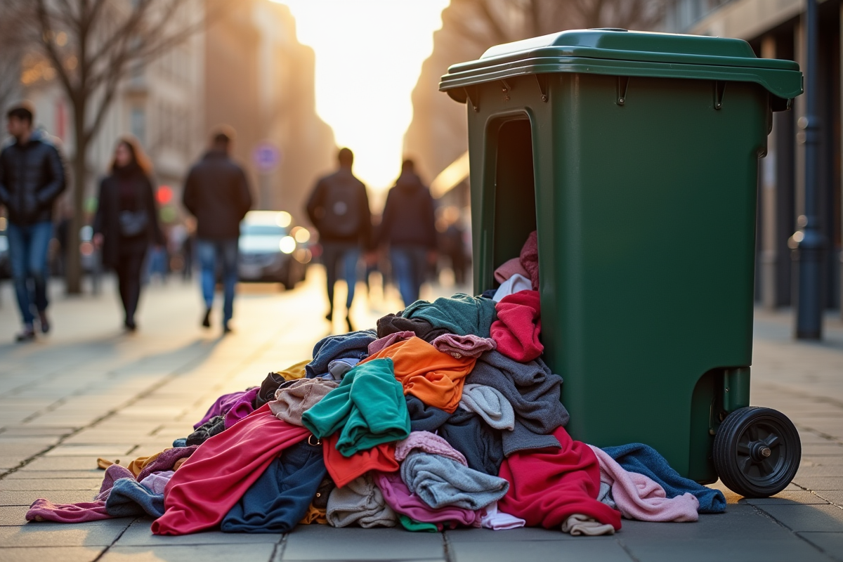 Vêtements de fast fashion jetés dans un bac de don sur le trottoir