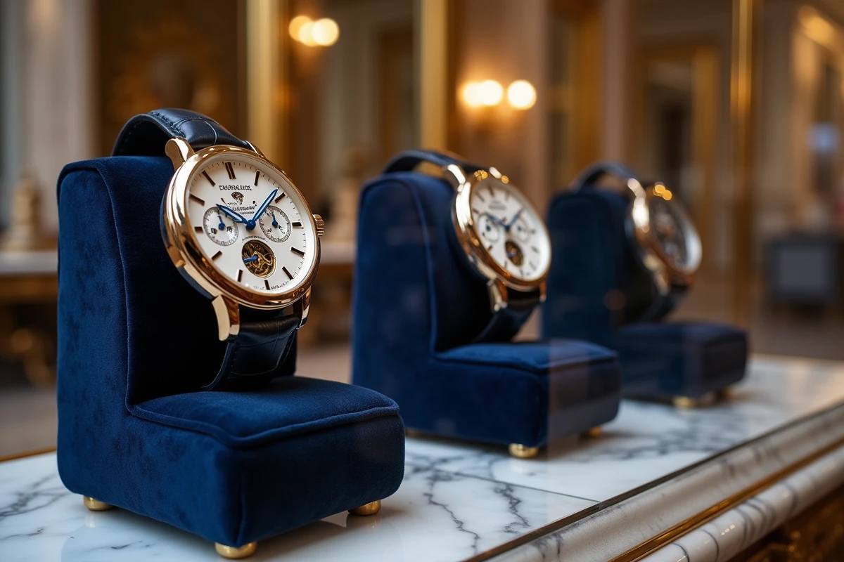 Vitrine d'une boutique horlogère de prestige exposant trois montres rares à complications sur velours marine, dans un écrin de marbre et de dorures évoquant l'exclusivité des grandes maisons