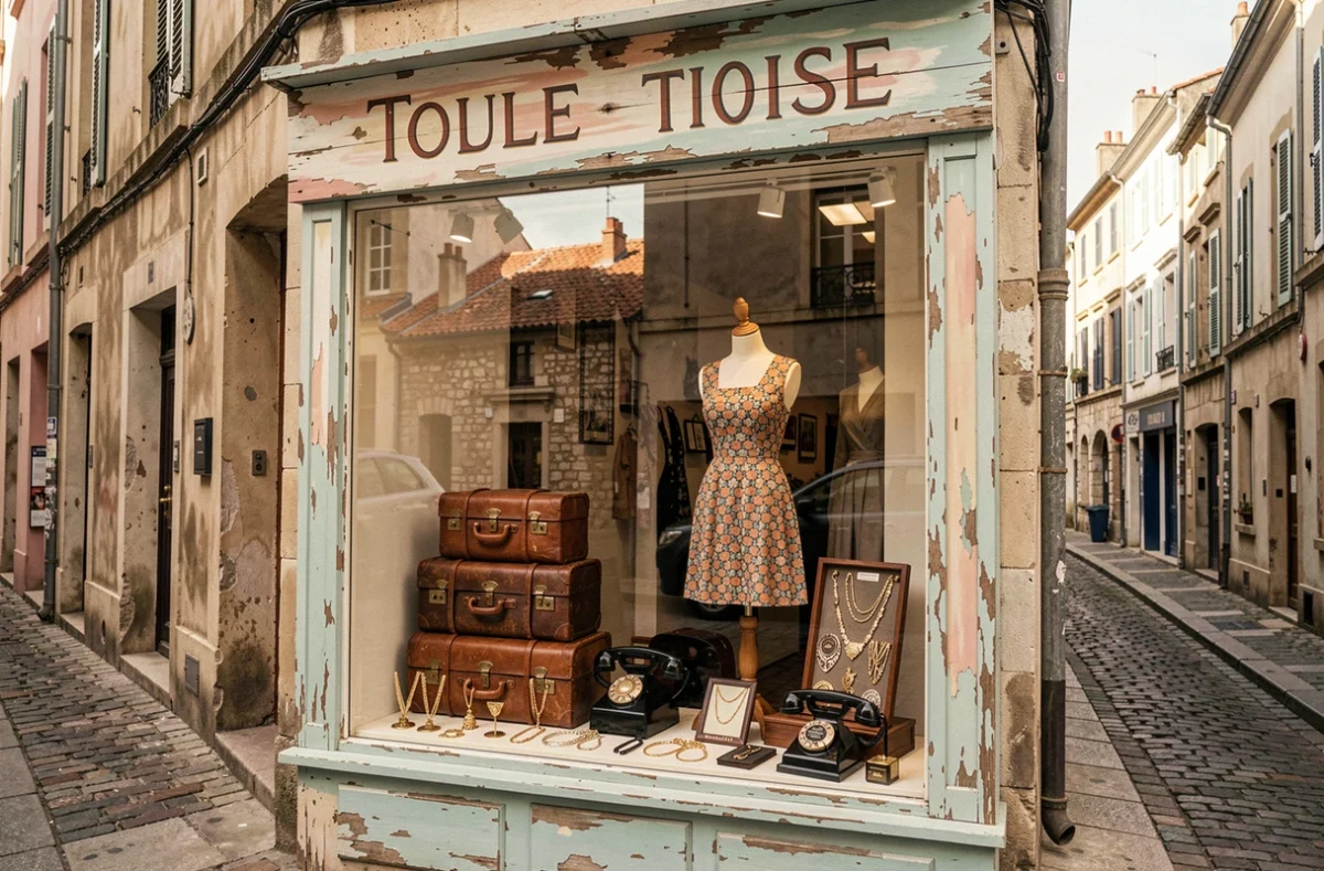 Vitrine d'une boutique vintage rétro dans une rue pavée du centre historique de Toulouse