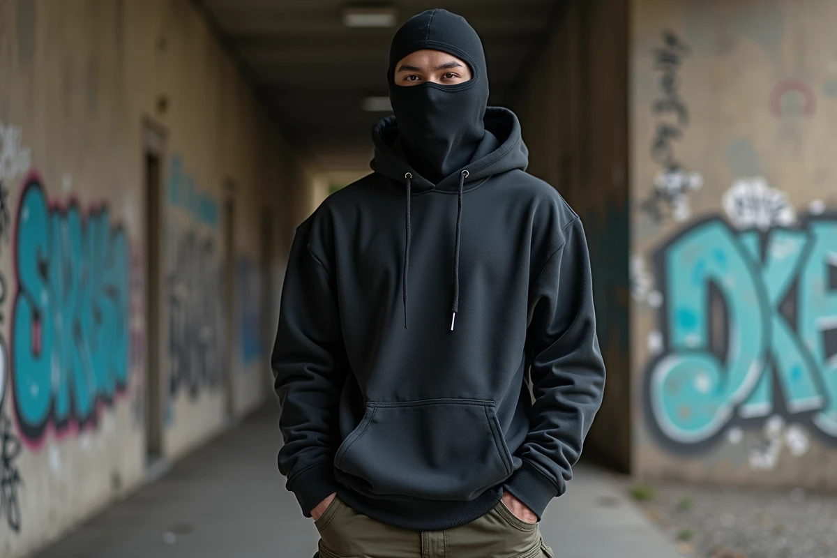 Artiste rap masqué portant une cagoule noire devant un mur de tags urbains à Paris, illustrant l'ascension discrète de Ziak